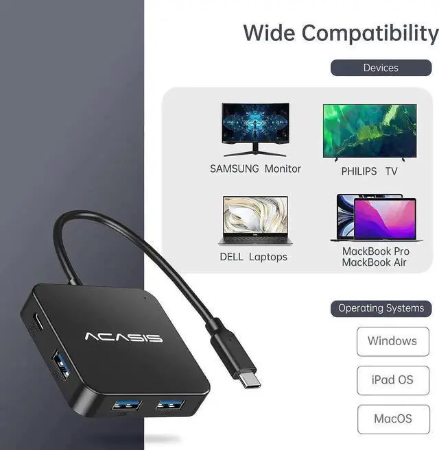 Alt view image 4 of 7 - USB C Hub, Multi-Port USB Type-C Hub with 4K HDMI, Power Delivery 100 W | 3 USB 3.0 Port | 1 Type-C 3.0 Port | USB Splitter Adapter for MacBook, Mac Mini, XPS, Laptop and USB C Devices (0.5ft)