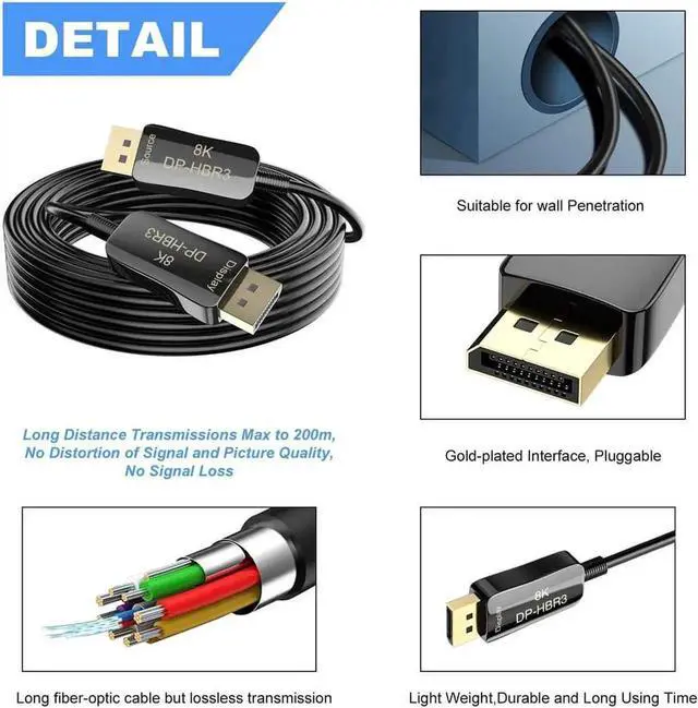 Alt view image 6 of 7 - 16FT Fiber 8K 4K DisplayPort Cable( In Wall ), DP 1.4 HBR3 8K@60Hz 4K@144Hz High Speed 32.4Gbps Optical Fiber Slim and Flexible DP to DP Cable