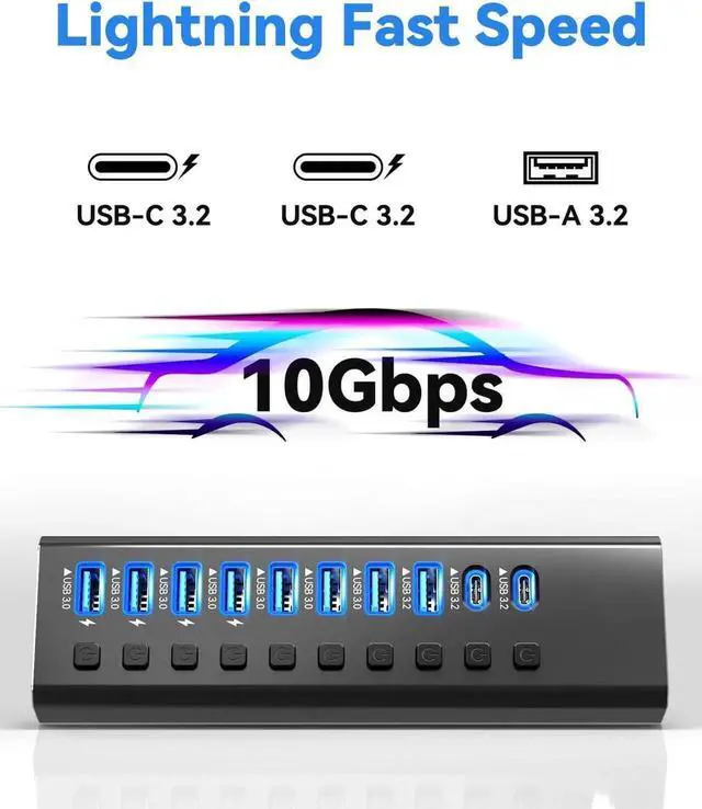Alt view image 7 of 7 - Powered USB Hub, 10-Port USB 3.0 Hub Splitter (4 USB 3.0 Data Ports + USB-C 3.0 Ports + 1 USB-A 3.2 Ports ) with Individual LED On/Off Switches, USB Hub 3.0 Powered with 48W AC Adapter for Mac, PC