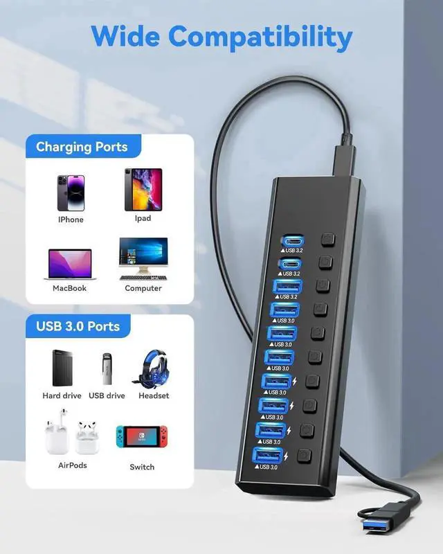 Alt view image 5 of 7 - Powered USB Hub, 10-Port USB 3.0 Hub Splitter (4 USB 3.0 Data Ports + USB-C 3.0 Ports + 1 USB-A 3.2 Ports ) with Individual LED On/Off Switches, USB Hub 3.0 Powered with 48W AC Adapter for Mac, PC