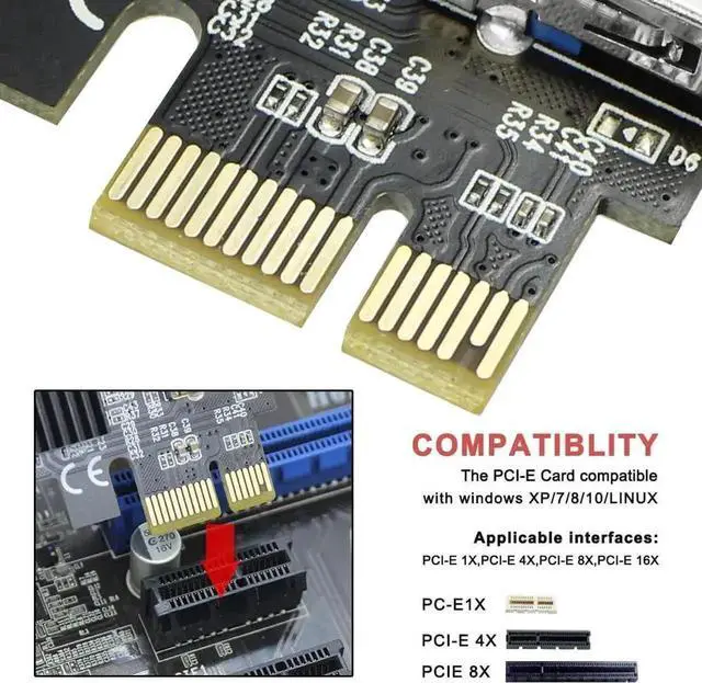 Alt view image 7 of 7 - PCI-E 1x to 16x Riser Card PCI-Express 1 to 4 Slot PCIe USB3.0 Adapter Port Multiplier Miner Card for BTC Bitcoin Miner Mining (No Cable)