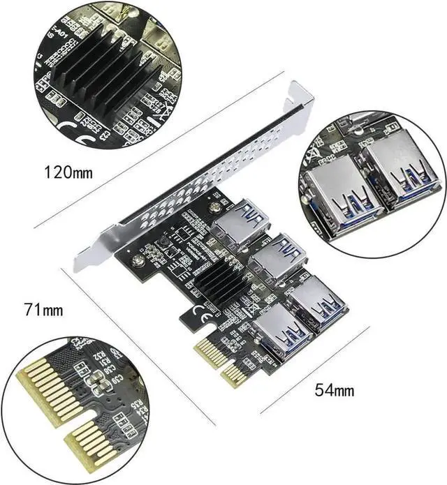 Alt view image 5 of 7 - PCI-E 1x to 16x Riser Card PCI-Express 1 to 4 Slot PCIe USB3.0 Adapter Port Multiplier Miner Card for BTC Bitcoin Miner Mining (No Cable)