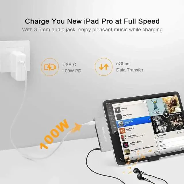 Alt view image 5 of 7 - USB C Hub Adapter for iPad Pro, CableCreation 5 in 1 USB-C Hub with 4K 60Hz HDMI HDR, 2 USB 3.0, 3.5mm Audio and 100W PD, Aluminum USB-C Dock Adapter for New iPad Pro, iPad Air, MacBook Pro and More