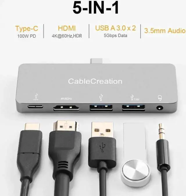 Alt view image 2 of 7 - USB C Hub Adapter for iPad Pro, CableCreation 5 in 1 USB-C Hub with 4K 60Hz HDMI HDR, 2 USB 3.0, 3.5mm Audio and 100W PD, Aluminum USB-C Dock Adapter for New iPad Pro, iPad Air, MacBook Pro and More