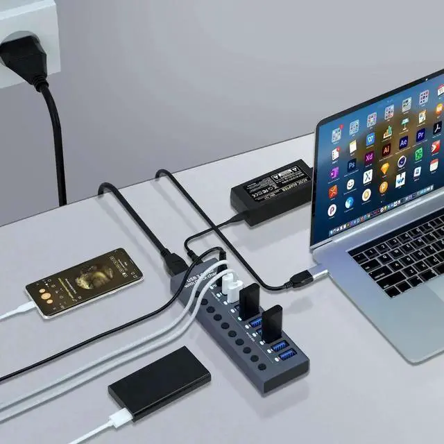 Alt view image 6 of 7 - Powered USB Hub, 10-Port USB Splitter Hub (7 USB 3.0 Data Transmission Ports + 2 Smart Charging Ports + 1 PD Charging Port) with Individual LED On/Off Switches with Power Adapter for Mac, PC