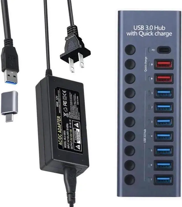 Main image of Powered USB Hub, 10-Port USB Splitter Hub (7 USB 3.0 Data Transmission Ports + 2 Smart Charging Ports + 1 PD Charging Port) with Individual LED On/Off Switches with Power Adapter for Mac, PC