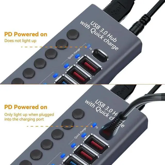 Alt view image 4 of 7 - Powered USB Hub, 10-Port USB Splitter Hub (7 USB 3.0 Data Transmission Ports + 2 Smart Charging Ports + 1 PD Charging Port) with Individual LED On/Off Switches with Power Adapter for Mac, PC