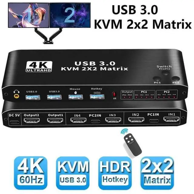 Main image of Dual Monitor HDMI KVM Matrix Switch 2x2, USB 3.0 HDMI KVM Switch for 2 Computers 2 Monitors, HDMI KVM Switch 2 in 2 out 4K 60Hz 2x2 Mixed Display for PC laptop Windows, macOS, Linux, and UNIX eokCXOY