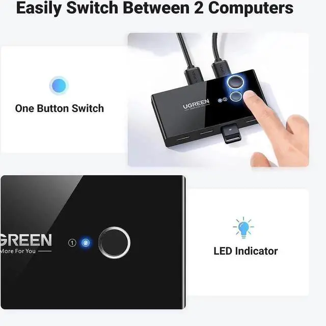 Alt view image 2 of 7 - UGREEN USB 3.0 Switch Selector 2 Computers Share 4 USB 3.0 Ports KVM Switcher USB for PC Laptop Keyboard Mouse Printer Scanner One Button Switch Adapter with 2 Pack USB 3.0 Cables
