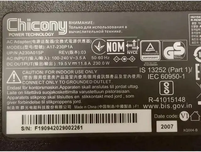 Alt view image 2 of 4 - Chicony A17-230P1A 19.5V 11.8A 230W A230A015P AC Adapter For Hasee MSI Laptop Power Supply Charger