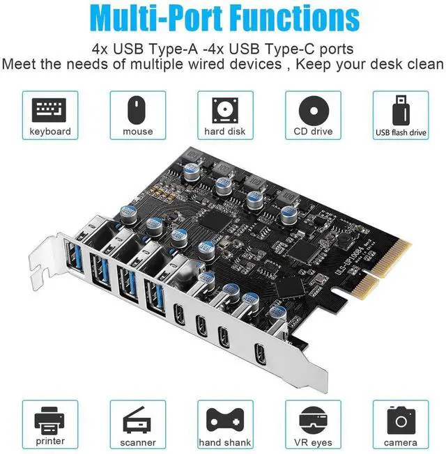 Alt view image 2 of 5 - 8 Ports USB PCIe Card PCIe USB 3.2/3.1 Gen 2 Card (4X USBC - 4X Type A),10Gbps Bandwidth PC Internal hub for Windows Linux Mac (Silver)