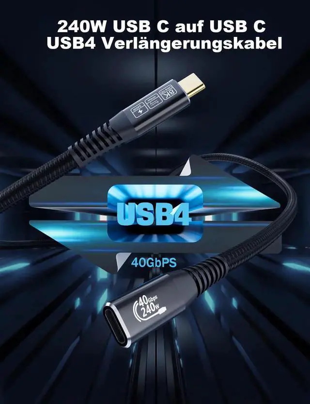 Alt view image 2 of 5 - HOTUTUKI USB-C for Thunderbolt 4 Extension Cable 40Gbps Data Transfer, USB c Male to USB c Female Cable, 8K Display/PD 240W, Compatible with Thunderbolt 3/USB 4/3/SSD eGPU 2M/6.6FT