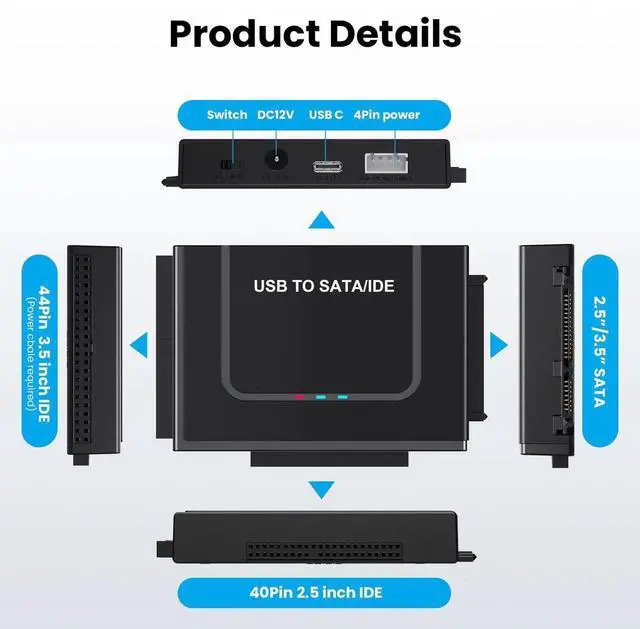 Alt view image 4 of 5 - USB 3.0 to IDE SATA Adapter, USB Type C Hard Drive Reader External HDD Converter for 2.5/3.5 inches IDE SATA HDD SSD, 12V/2A Power Adapter Included