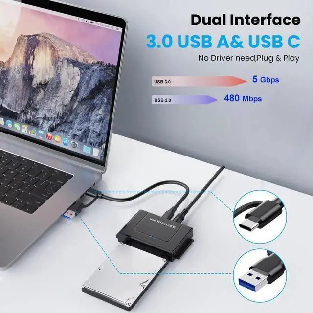 Main image of USB 3.0 to IDE SATA Adapter, USB Type C Hard Drive Reader External HDD Converter for 2.5/3.5 inches IDE SATA HDD SSD, 12V/2A Power Adapter Included