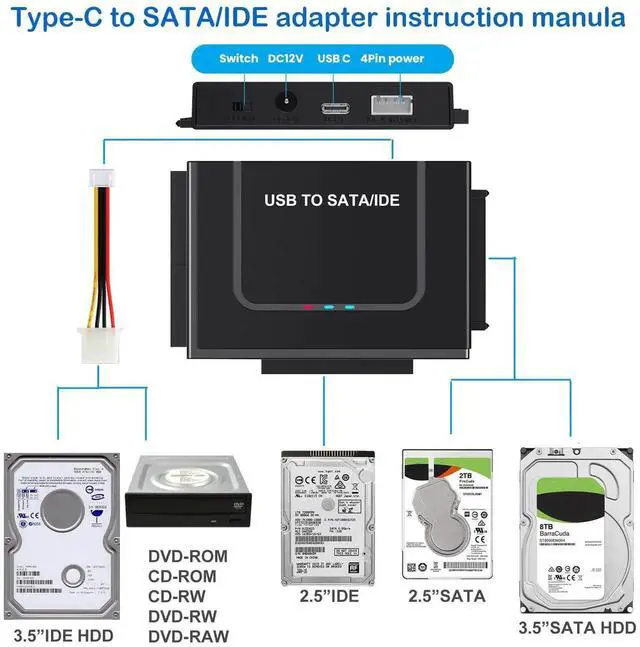 Alt view image 5 of 5 - USB 3.0 to IDE SATA Adapter, USB Type C Hard Drive Reader External HDD Converter for 2.5/3.5 inches IDE SATA HDD SSD, 12V/2A Power Adapter Included