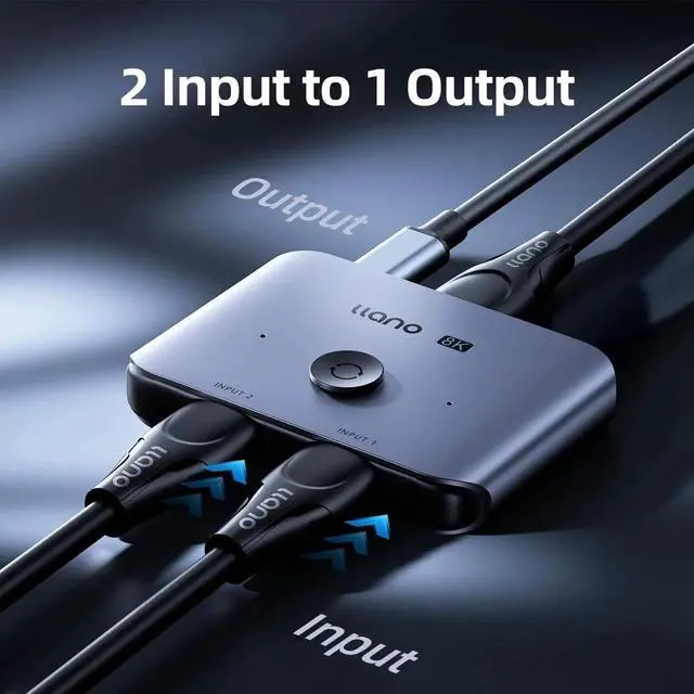 Alt view image 4 of 6 - llano HDMI 2.1 Switch 2 in 1 Out 8K@60Hz 4K@120Hz, HDMI Switcher 48Gbps Bidirectional, Supports VRR HDR10 Dolby Atmos, for PS5 Xbox Apple TV Roku Switch 2, Aluminum Alloy Case