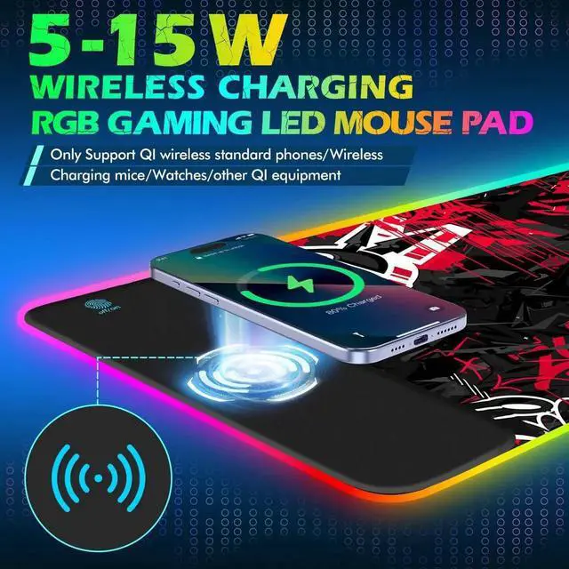 Alt view image 4 of 5 - ToLuLu RGB Gaming 5/7.5/10/15W 10 Light Modes Wireless Charging Mouse Pad, LED Mouse Pad Computer Keyboard Mat Mousepad, 800x300x4MM Extended Large Desk Mat for Gaming, MacBook, Laptop, PC,Red Black