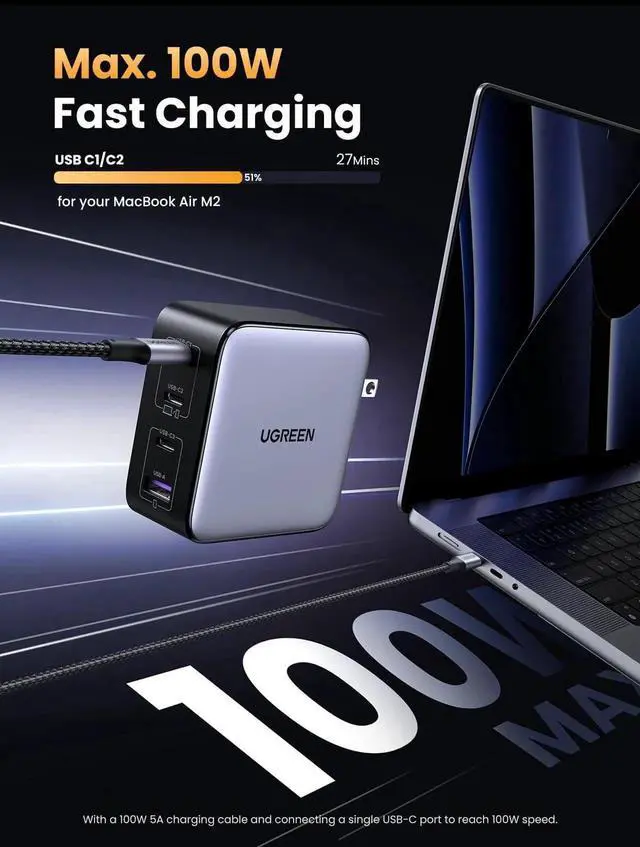 Alt view image 2 of 7 - Nexode 100W GaN USB C Charger, 4-Port Compact Foldable Fast Laptop Charger Power Adapter for MacBook Pro/Air, iPad Pro, iPhone 17/16/15 Series, Galaxy S25/S24, Pixel 10/9, Steam Deck, Pixelbook