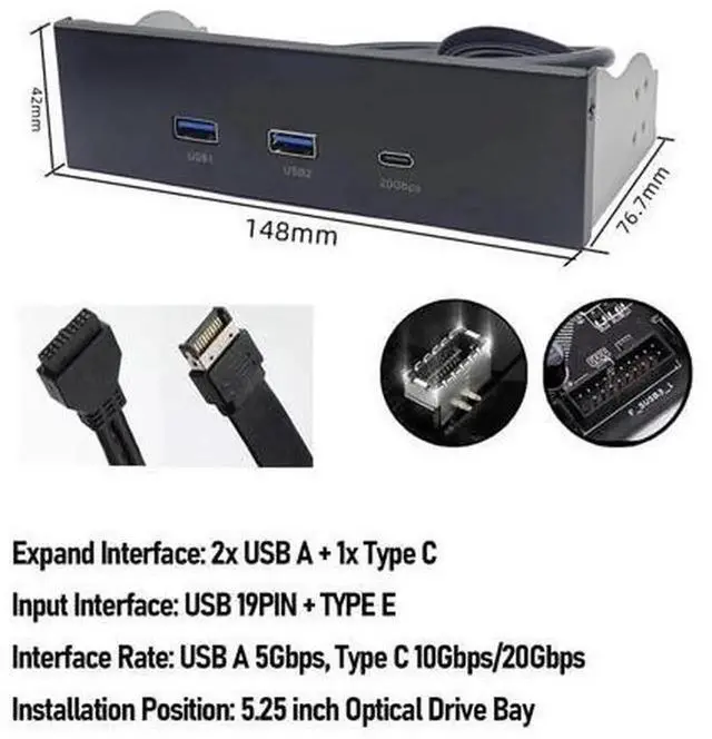Alt view image 7 of 7 - 5.25 Inch Front Panel USB Hub, 3 Ports USB Front Panel Floppy Disk Bay, 19 Pin USB3.2 GEN2 Internal USB Hub with 2 USB A and 20Gbps USB C Port, for PC Case
