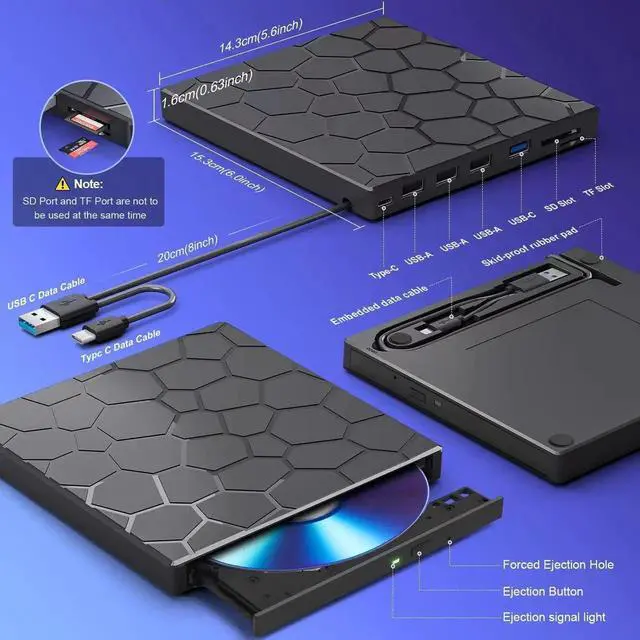 Alt view image 3 of 7 - External CD/DVD Drive for Laptop, DVD Player for Laptop, 8 in 1 USB 3.0 Ultra-Slim Portable, CD Burner External Disk Drive Optical Compatible with Desktop Mac,Windows 11/10/8/7 Linux