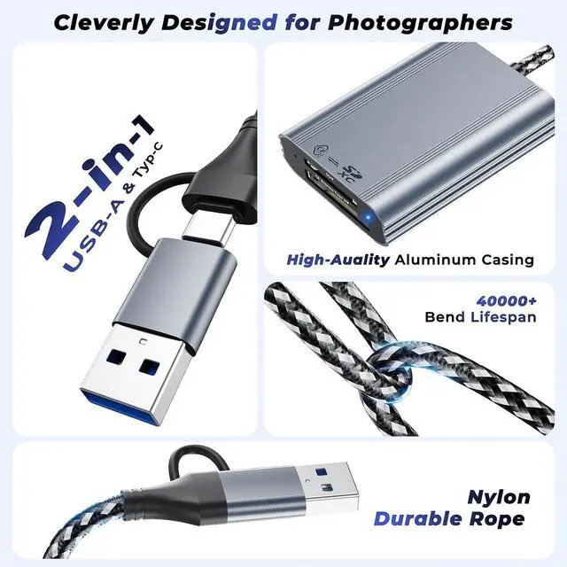 Alt view image 7 of 7 - 2IN1 CFexpress Type B & SD Card Reader USB3.2 10Gbps,Dual Slot Card Reader - USB-C + USB-A CFe Type B & SD Memory Card Reader Adapter for Windows/Mac/Android,Ideal for Photographers and Videographer