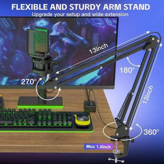 Alt view image 4 of 7 - Gaming USB Microphone,Noise Cancellation Condenser mic,RGB Microphone with Mute,Gain,Monitoring,Boom Arm,Pop Filter for Phone,PC,Computer,PS4,PS5,Mac,Streaming,Podcast,Twitch,YouTube,Discord