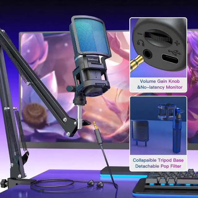 Alt view image 3 of 7 - Gaming USB Microphone,Noise Cancellation Condenser mic,RGB Microphone with Mute,Gain,Monitoring,Boom Arm,Pop Filter for Phone,PC,Computer,PS4,PS5,Mac,Streaming,Podcast,Twitch,YouTube,Discord