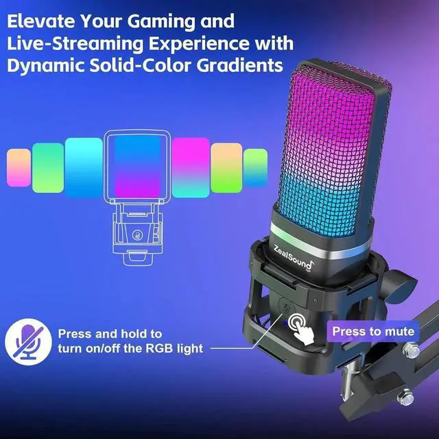 Alt view image 5 of 7 - Gaming USB Microphone,Noise Cancellation Condenser mic,RGB Microphone with Mute,Gain,Monitoring,Boom Arm,Pop Filter for Phone,PC,Computer,PS4,PS5,Mac,Streaming,Podcast,Twitch,YouTube,Discord