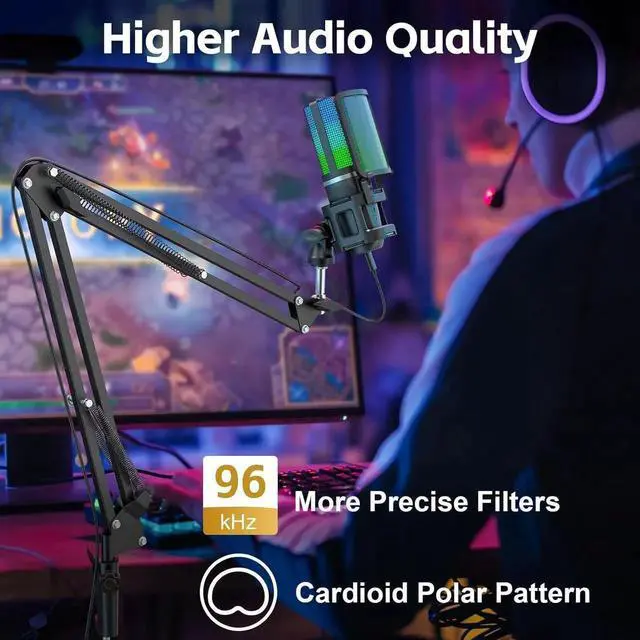 Alt view image 2 of 7 - Gaming USB Microphone,Noise Cancellation Condenser mic,RGB Microphone with Mute,Gain,Monitoring,Boom Arm,Pop Filter for Phone,PC,Computer,PS4,PS5,Mac,Streaming,Podcast,Twitch,YouTube,Discord