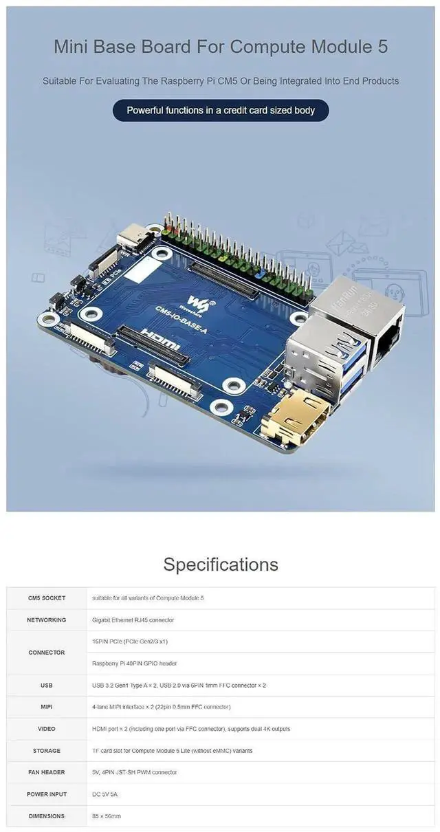 Alt view image 6 of 7 - Fits Raspberry Pi CM5 Mini Base Board (A) - Compact CM5 IO Board for Raspberry Pi Compute Module 5/CM5 Lite, Credit Card-Sized Design with GPIO, HDMI, USB, M.2 & Fan Connector