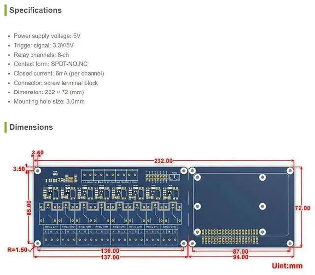 Alt view image 4 of 6 - Coowell Raspberry Pi 8 Channel Relay Module HAT for Raspberry Pi 4B+ 4B 3B+ 3B 2B+ Zero W WH Jetson Nano Help The Pi to Control Home Appliances