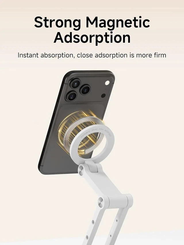 Alt view image 6 of 7 - Magnetic Phone Stand for MagSafe 360° Rotation Foldable Triaxial Aluminum Desk Phone Holder Height Adjustable for iPhone 17 16 15 Pro Max (White)