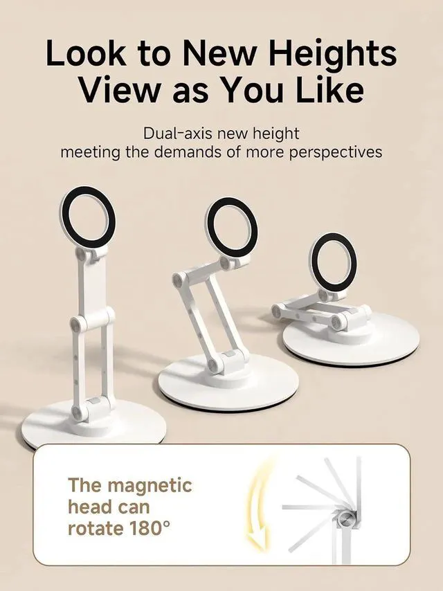 Alt view image 4 of 7 - Magnetic Phone Stand for MagSafe 360° Rotation Foldable Triaxial Aluminum Desk Phone Holder Height Adjustable for iPhone 17 16 15 Pro Max (White)