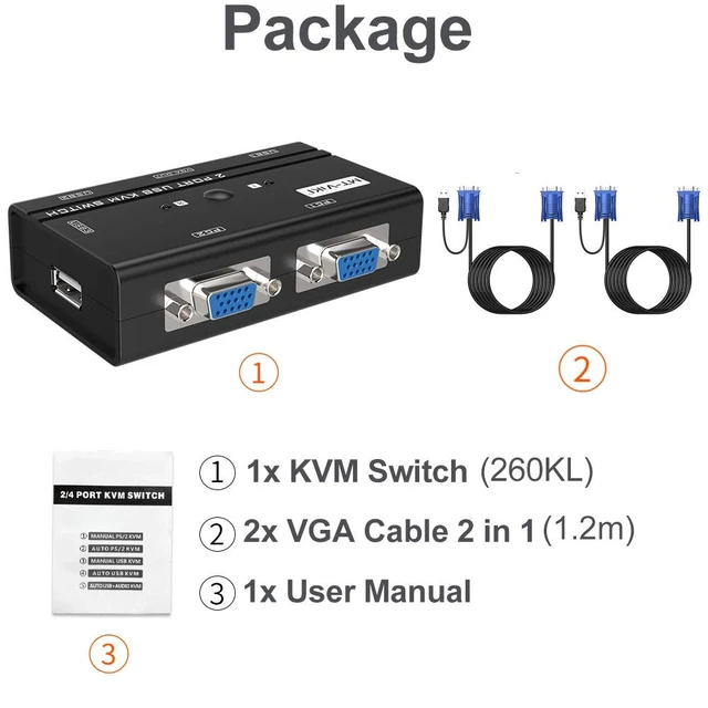 Alt view image 4 of 7 - VGA KVM Switch, 2 Port USB VGA KVM Switch for 2 Computers Share 1 Monitor Keyboard Mouse Printer, + 2 KVM Cables