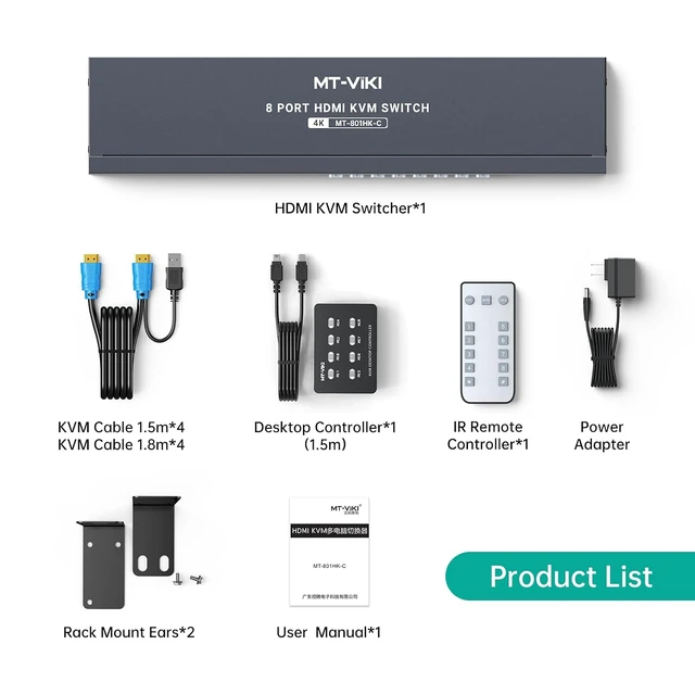Alt view image 6 of 7 - 8 Port KVM Switch HDMI, 4K@30Hz 1U Rack Mount KVM Switch w/IR Remote & Wire-Desktop Controller & 8 HDMI KVM Cables & Rack Ears & Power Adapter