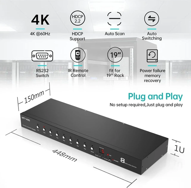 Alt view image 2 of 7 - Rack Mount HDMI Switch, 8 Ports HDMI Switch 8 in 1 Out 4K@60Hz (4:4:4) HDCP2.2 + Rackmount-Ears+RS232 +Auto Swtich, Auto Scan (8x1)
