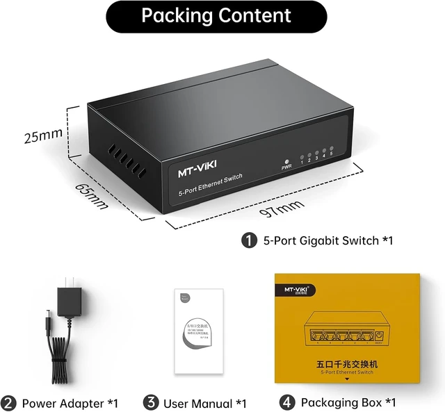 Alt view image 4 of 7 - 5 Port Gigabit Ethernet Switch, Unmanaged Network Switch Splitter, Desktop/Wall-Mount, Metal Casing, Fanless, Plug and Play