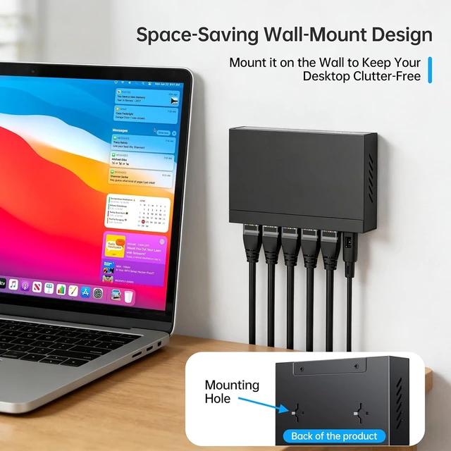 Alt view image 5 of 7 - 5 Port Gigabit Ethernet Switch, Unmanaged Network Switch Splitter, Desktop/Wall-Mount, Metal Casing, Fanless, Plug and Play