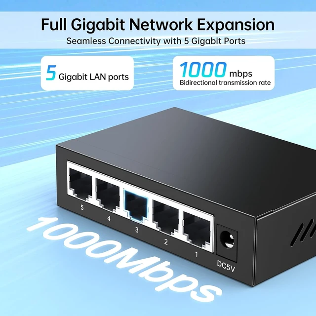 Alt view image 7 of 7 - 5 Port Gigabit Ethernet Switch, Unmanaged Network Switch Splitter, Desktop/Wall-Mount, Metal Casing, Fanless, Plug and Play