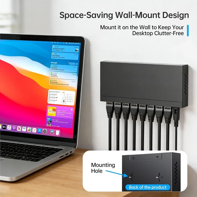 Alt view image 4 of 7 - 8 Port Gigabit Ethernet Switch, Unmanaged Network Switch Splitter, Desktop/Wall-Mount, Metal Casing, Fanless, Plug and Play