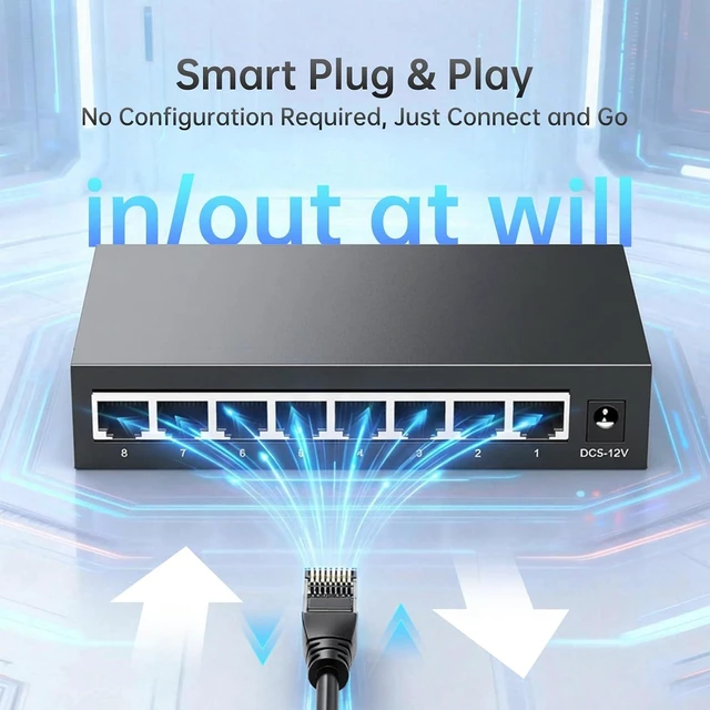 Alt view image 5 of 7 - 8 Port Gigabit Ethernet Switch, Unmanaged Network Switch Splitter, Desktop/Wall-Mount, Metal Casing, Fanless, Plug and Play
