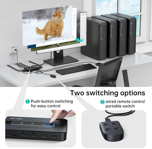Main image of MT-VIKI KVM Switch HDMI 4 Port Boxes, 4K@30Hz USB HDMI KVM Console for 4 PCs Share 1 HD Monitor and Keyboard Mouse, Button + Desktop Selector Switching