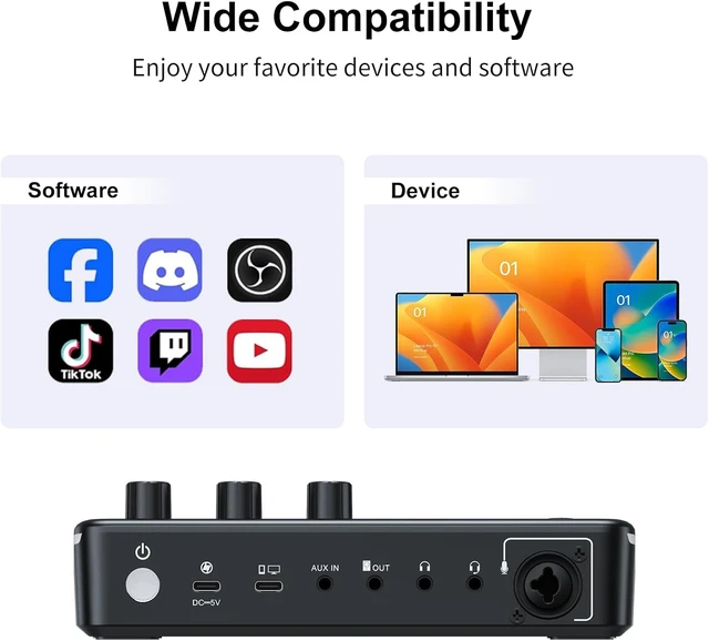 Alt view image 3 of 7 - Gaming Audio Mixer, Audio Interface Sound Board w/RGB Effect, XLR/TRS Microphone, 48V Phantom Power, Support Bluetooth, Voice Changer, Live Streaming, Podcasting