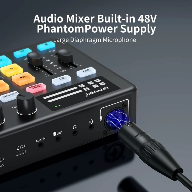 Alt view image 2 of 7 - Gaming Audio Mixer, Audio Interface Sound Board w/RGB Effect, XLR/TRS Microphone, 48V Phantom Power, Support Bluetooth, Voice Changer, Live Streaming, Podcasting