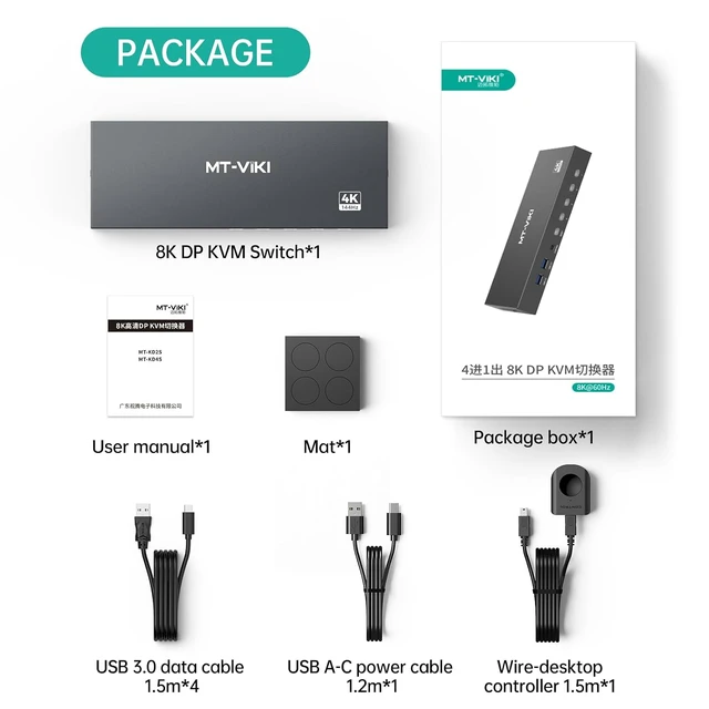 Alt view image 6 of 7 - MT-VIKI 8K Displayport KVM Switch 4 in 1 Out DP1.4 with 4 USB 3.0 Ports, Support 8K@60Hz 4K@144Hz Share 1 Monitor Keyboard Mouse U-Disk Printer, with 4 USB A to C Cables