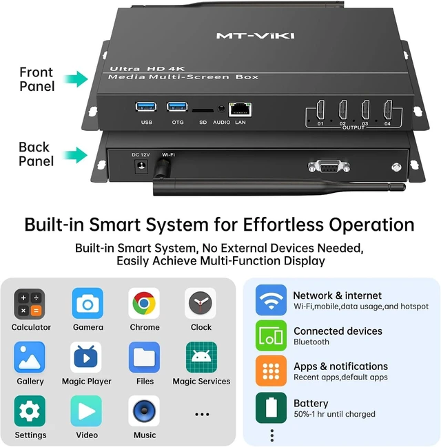 Alt view image 3 of 6 - MT-VIKI Wireless Digital Signage Player - 4-Screen Video Controller with Rotation, Splitting & Scheduling for Restaurant Menu Boards, Bubble Tea Promotions