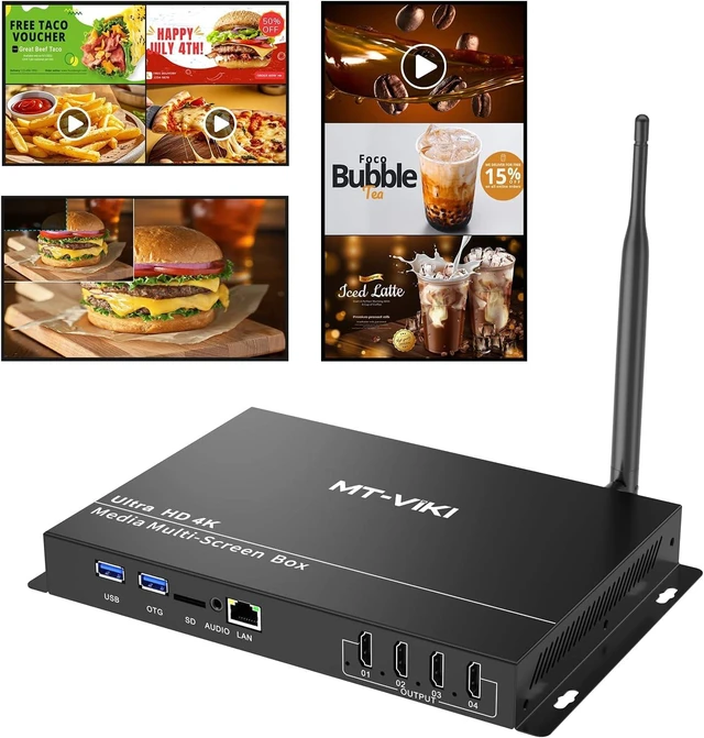 Main image of MT-VIKI Wireless Digital Signage Player - 4-Screen Video Controller with Rotation, Splitting & Scheduling for Restaurant Menu Boards, Bubble Tea Promotions
