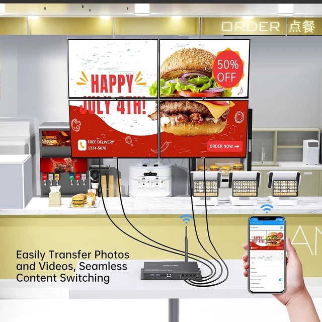 Alt view image 4 of 6 - MT-VIKI Wireless Digital Signage Player - 4-Screen Video Controller with Rotation, Splitting & Scheduling for Restaurant Menu Boards, Bubble Tea Promotions