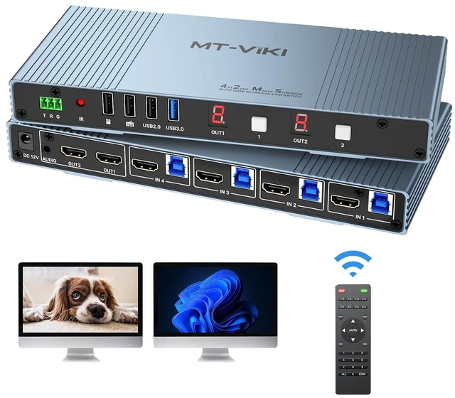 Main image of MT-VIKI 4K Seamless KVM HDMI Matrix Switch 4 in 2 Out w/Mouse Switching & 3.5mm Audio & IR Remote, 4K@30Hz, Support EDID+Hotkey+RS232