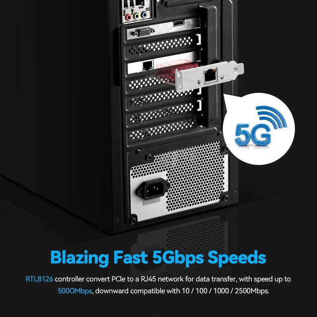 Alt view image 3 of 7 - 5Gbps PCIe Network Adapter, RTL8126 Chip Multi-Gigabit Ethernet Card (5G/2.5G/1G/100Mbps) PCIe 3.1 X1, RJ45 LAN Controller with PXE Boot, Low Profile Bracket for Windows/Linux